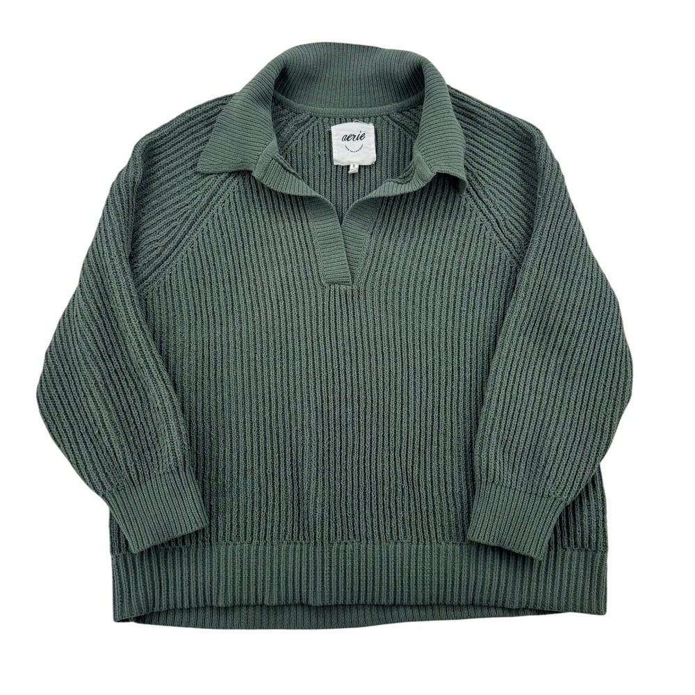 Aerie Polo Sweater Womens XL Green Excellent Shaker Stitch V-Neck Oversized
